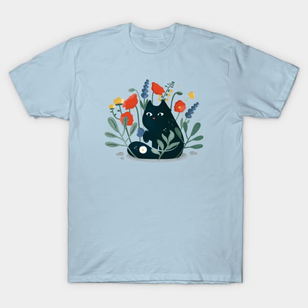 Black cat in the garden with flowers T-Shirt by crealizable